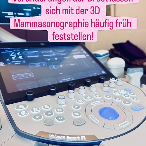 Photo by frauenarztpraxis.koeln on May 20, 2026. May be an image of ‎text that says '‎Veränderungen der Brust lassen sich mit der 3D Mammasonographie häufig früh feststellen! สุลย 400% N ه Voluson Expert VelusonExpert22 22 洪‎'‎.